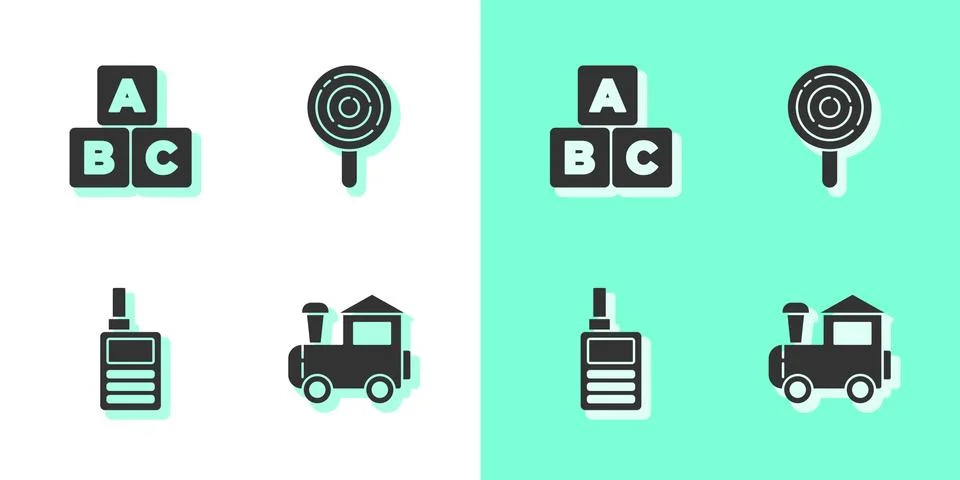 Set Toy train, ABC blocks, Baby Monitor Walkie Talkie and Lollipop icon. Vector Stock Illustration