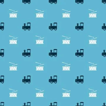 Set Toy train and Drum with drum sticks on seamless pattern. Vector Stock Illustration