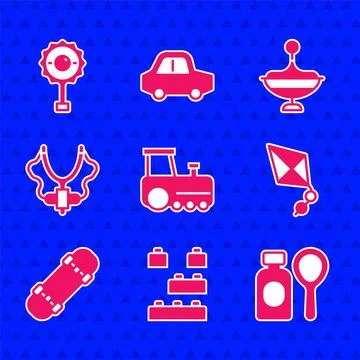 Set Toy train, building block bricks, Soap bubbles bottle, Kite, Skateboard Stock Illustration
