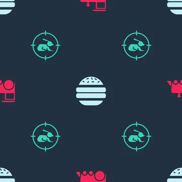 Set Toy train, Burger and Hunt on rabbit with crosshairs on seamless pattern Stock Illustration