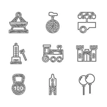 Set Toy train, Circus ticket, Balloons with ribbon, Castle, Weight, Striker Ilustración de archivo