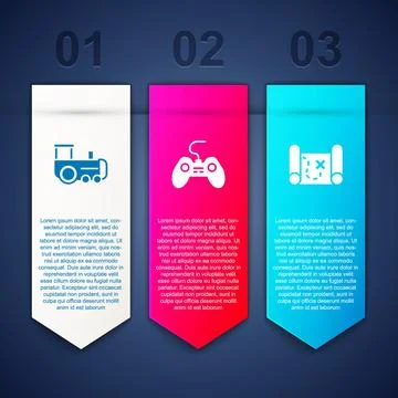 Set Toy train, Gamepad and Pirate treasure map. Business infographic templa.. イラスト素材