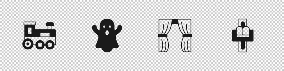Set Toy train, Ghost, Circus curtain raises and Attraction carousel icon. Vector Stock Illustration