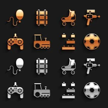 Set Toy train, Ray gun, Soccer football ball, building block bricks, Gamepa.. Ilustración de archivo