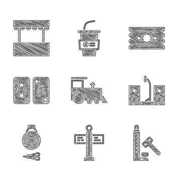 Set Toy train, Road traffic signpost, Striker attraction with hammer, Home .. Stock Illustration