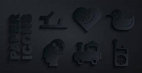 Set Toy train, Rubber duck, Baby dummy pacifier, Monitor Walkie Talkie, inside イラスト素材
