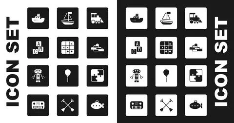 Set Toy train, Tic tac toe game, ABC blocks, boat, building bricks, Puzzle Ilustración de archivo