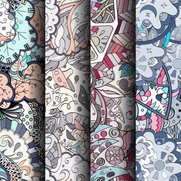Set of tracery colorful seamless patterns. Stock Illustration