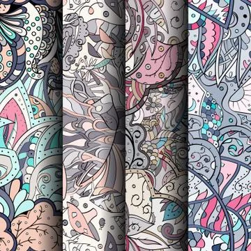 Set of tracery colorful seamless patterns. Stock Illustration