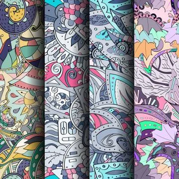 Set of tracery colorful seamless patterns. Stock Illustration