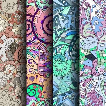 Set of tracery colorful seamless patterns. Stock Illustration