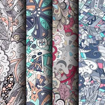 Set of tracery colorful seamless patterns. Stock Illustration