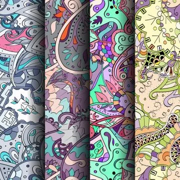 Set of tracery colorful seamless patterns. 스톡 일러스트