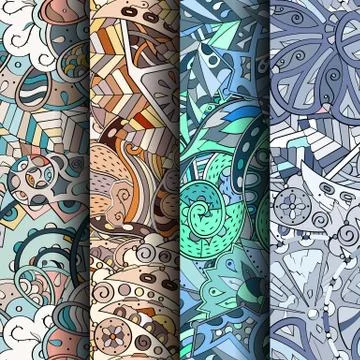 Set of tracery colorful seamless patterns. Stock Illustration