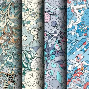 Set of tracery colorful seamless patterns. Stock Illustration