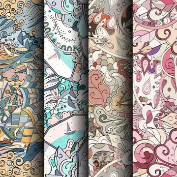 Set of tracery colorful seamless patterns. 스톡 일러스트
