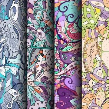 Set of tracery colorful seamless patterns. 스톡 일러스트