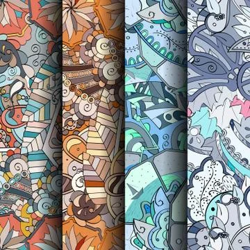 Set of tracery colorful seamless patterns. 스톡 일러스트