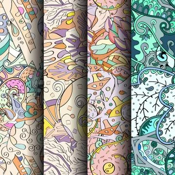 Set of tracery colorful seamless patterns. Stock Illustration
