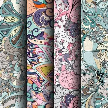 Set of tracery colorful seamless patterns. Stock Illustration