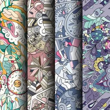 Set of tracery colorful seamless patterns. Stock Illustration