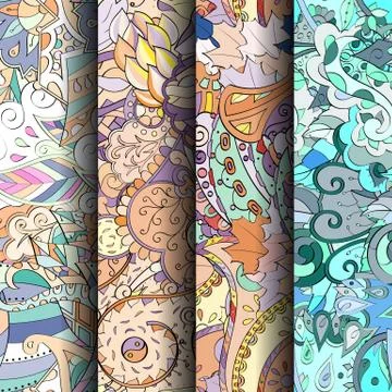 Set of tracery colorful seamless patterns. Stock Illustration