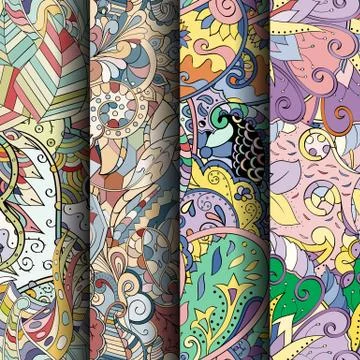 Set of tracery colorful seamless patterns. Stock Illustration