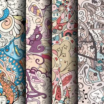 Set of tracery colorful seamless patterns. Stock Illustration