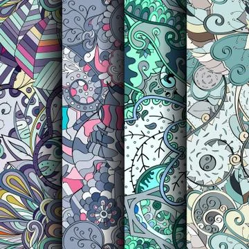 Set of tracery colorful seamless patterns. Stock Illustration