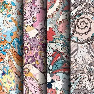 Set of tracery colorful seamless patterns. Stock Illustration