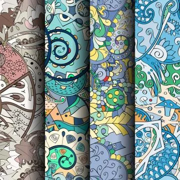 Set of tracery colorful seamless patterns. Stock Illustration