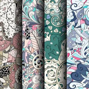 Set of tracery colorful seamless patterns. Stock Illustration