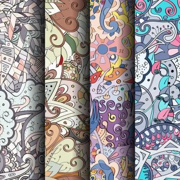 Set of tracery colorful seamless patterns. Stock Illustration