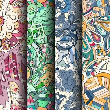 Set of tracery colorful seamless patterns. Stock Illustration