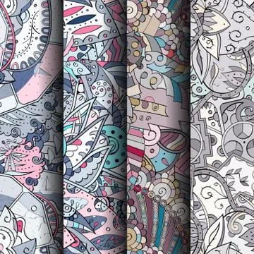 Set of tracery colorful seamless patterns. 스톡 일러스트