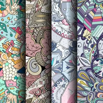 Set of tracery colorful seamless patterns. Stock Illustration