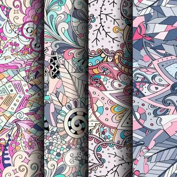 Set of tracery colorful seamless patterns. Stock Illustration