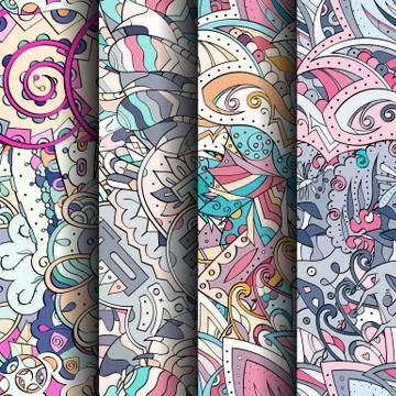 Set of tracery colorful seamless patterns. Illustration