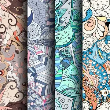 Set of tracery colorful seamless patterns. Stock Illustration