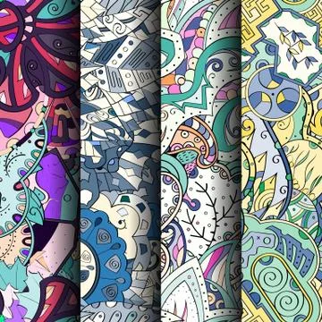 Set of tracery colorful seamless patterns. Stock Illustration