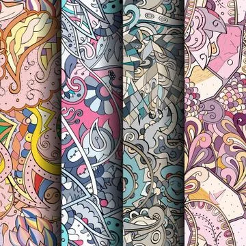 Set of tracery colorful seamless patterns. Stock Illustration
