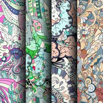 Set of tracery colorful seamless patterns. Stock Illustration