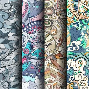 Set of tracery colorful seamless patterns. Stock Illustration