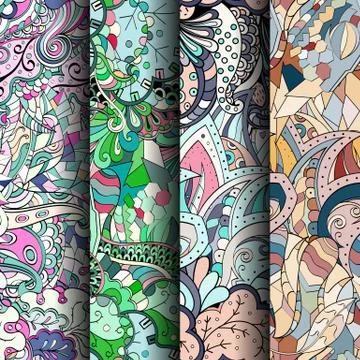 Set of tracery colorful seamless patterns. Stock-Illustration