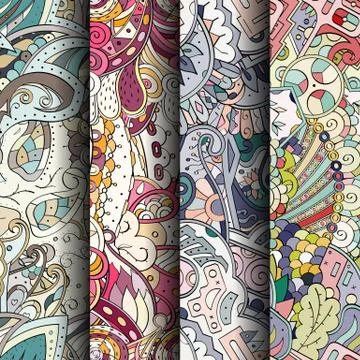 Set of tracery colorful seamless patterns. 스톡 일러스트