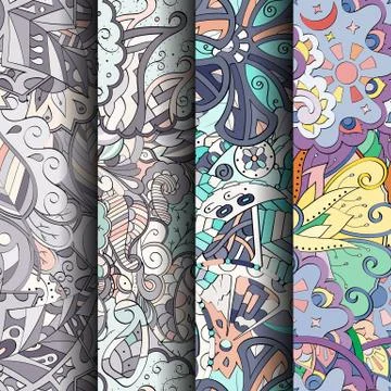 Set of tracery colorful seamless patterns. Stock-Illustration