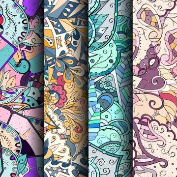 Set of tracery colorful seamless patterns. Stock Illustration