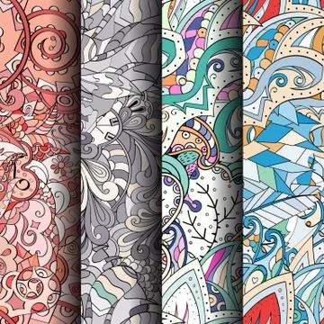 Set of tracery colorful seamless patterns. Stock Illustration