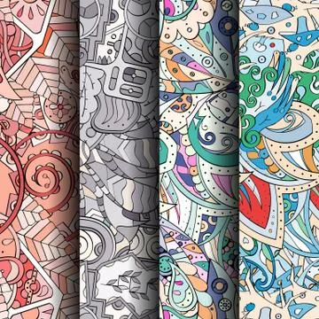 Set of tracery colorful seamless patterns. 스톡 일러스트