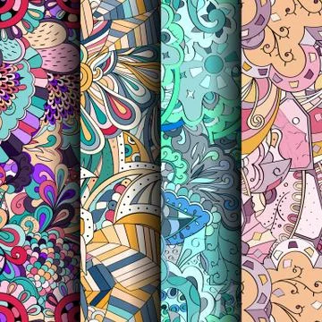Set of tracery colorful seamless patterns. Stock Illustration
